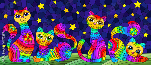 An illustration in the style of a stained glass window with bright cartoon cats on the background of the night starry sky