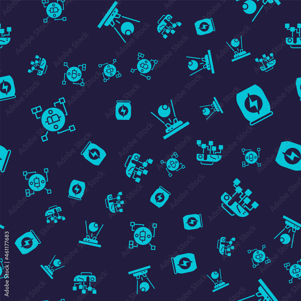Set Blockchain technology Bitcoin, Energy drink, Hologram and Humanoid robot on seamless pattern. Vector