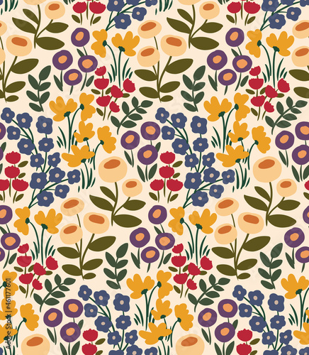 Adorable seamless pattern with floral meadow. Mix of various flowers and leaves on a white background. Vector illustration.