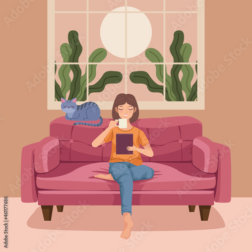 woman drinking coffe in livingroom
