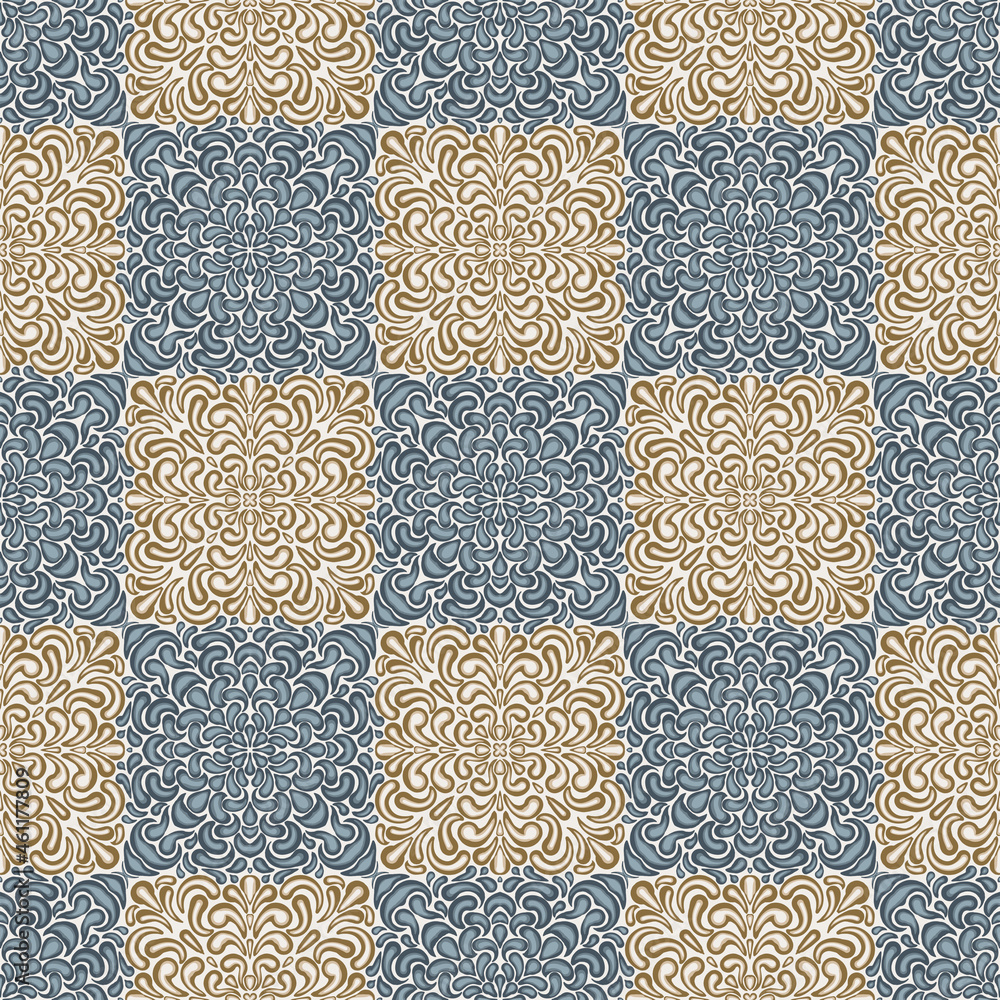 Chess pattern consisting of teardrop-shaped elements. Seamless texture. Gray, blue, brown, beige.