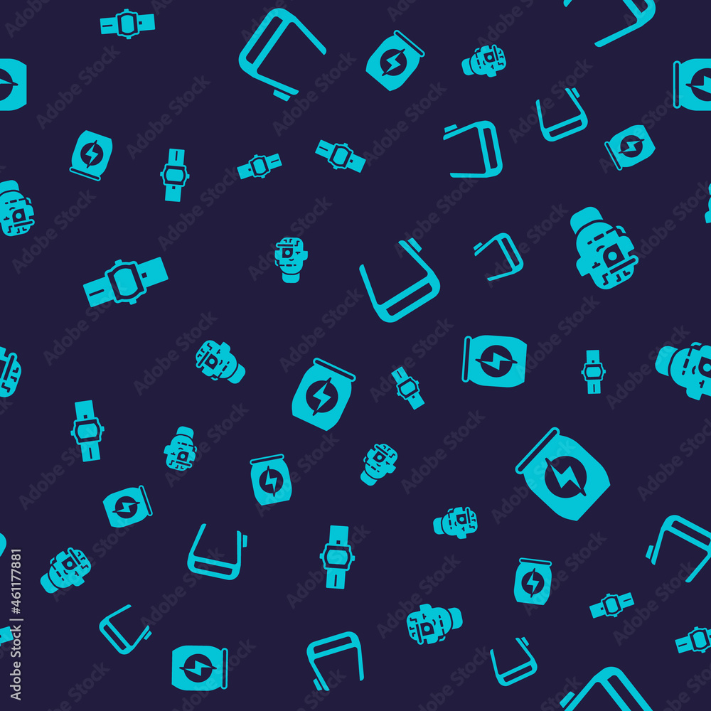Set Wrist watch, Smart glasses on spectacles, and Energy drink on seamless pattern. Vector Set Wrist watch, Smart glasses on spectacles, and Energy drink on seamless pattern. Vector