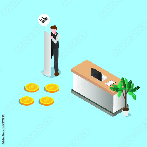 Frustrated male worker must paying bills 3d isometric vector illustration concept for banner, website, landing page template, ads and flyer