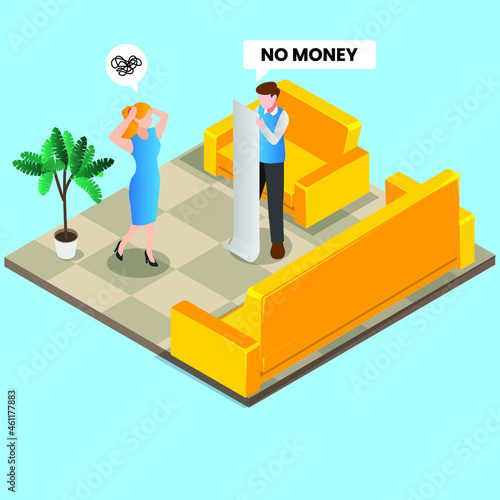 Broke family checking bills 3d isometric vector illustration concept for banner, website, landing page template, ads and flyer