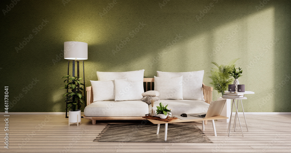 Fototapeta premium Minimalist interior ,Sofa furniture and plants, Modern green room design.3D rendering