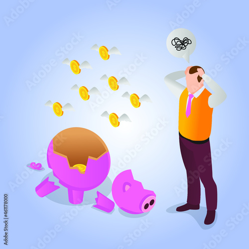 Stress businessman loosing saving money 3d isometric vector illustration concept for banner, website, landing page template, ads and flyer