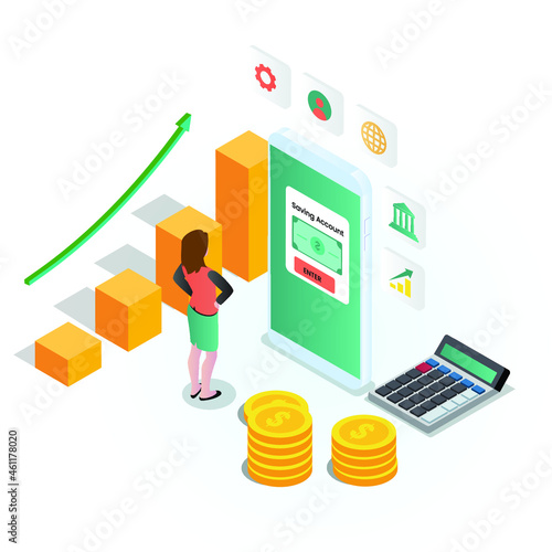 Online saving account 3d isometric vector illustration concept for banner, website, landing page template, ads and flyer