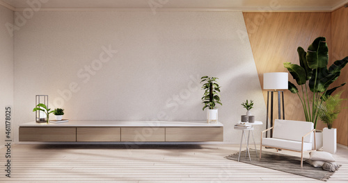 Cabinet  Armchiar  Plants and decoration on white room wall wooden design.3D rendering