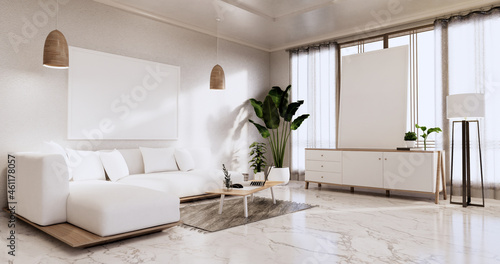 Interior,Living room modern minimalist has sofa on white wall and granite tiles floor.3D rendering