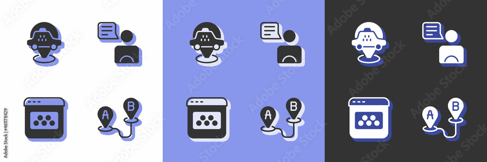 Set Route location, Location taxi car, Taxi mobile app and driver icon. Vector