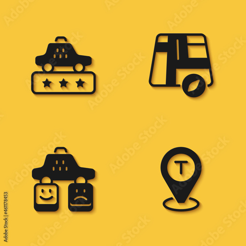 Set Taxi service rating, Location taxi car, and icon with long shadow. Vector