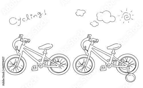 自転車、補助輪付き子供用自転車のモノクロベクターイラストセット