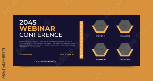 Business conference social media cover banner template with speakers image.