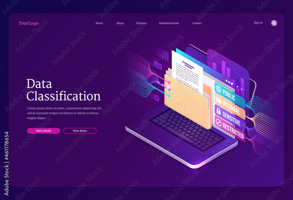 Data classification banner. Concept of sorting and organization information and documents on computer. Vector landing page of organize database with isometric laptop with folder Data classification banner. Concept of sorting and organization information and documents on computer. Vector landing page of organize database with isometric laptop with folder