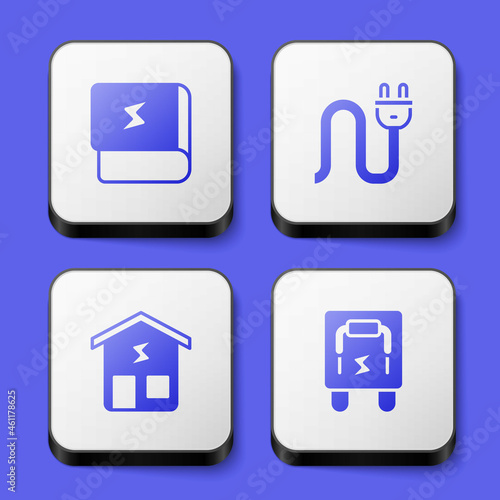 Set Book about electricity, Electric plug, Smart home and Electrical panel icon. White square button. Vector