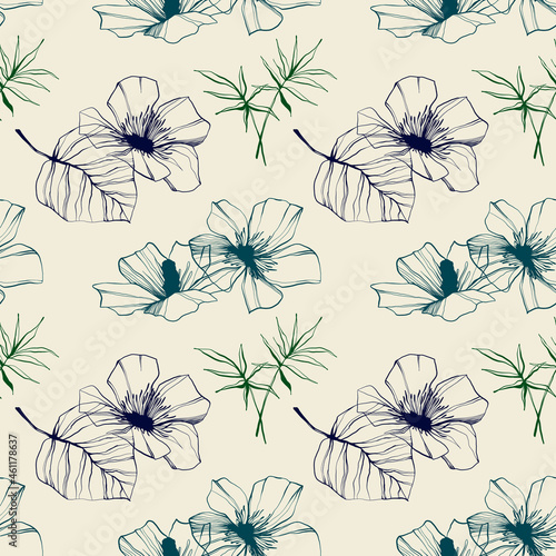 Abstract modern floral seamless pattern. hand drawn hibiscus, flowers, leaves, leaf, palm tree vector sketch. Minimalistic wildflowers design. Colored ink spread over the paper.