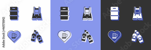 Set Beer bottle, Metal beer keg, Heart with glass of and Lederhosen icon. Vector