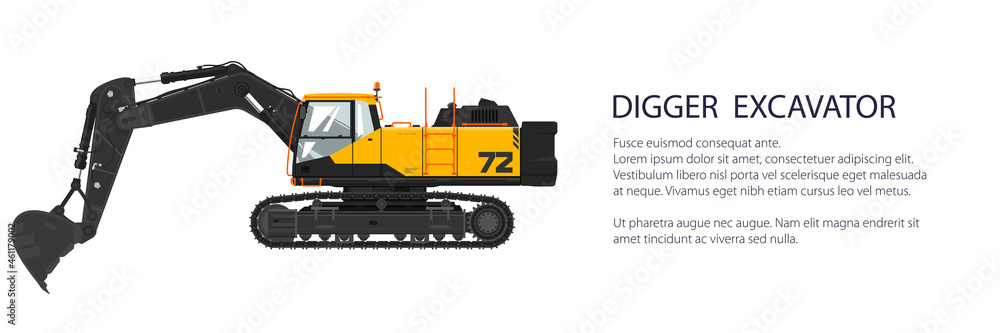 Naklejka premium Digger hydraulic excavator with dipper , construction equipment banner, vector illustration