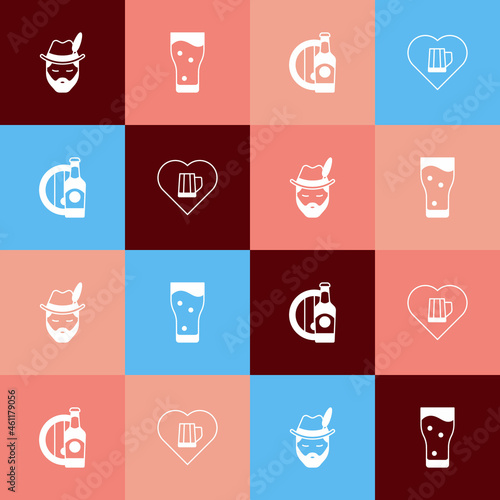 Set pop art Oktoberfest man, Glass of beer, Beer bottle and wooden barrel and Heart with glass icon. Vector
