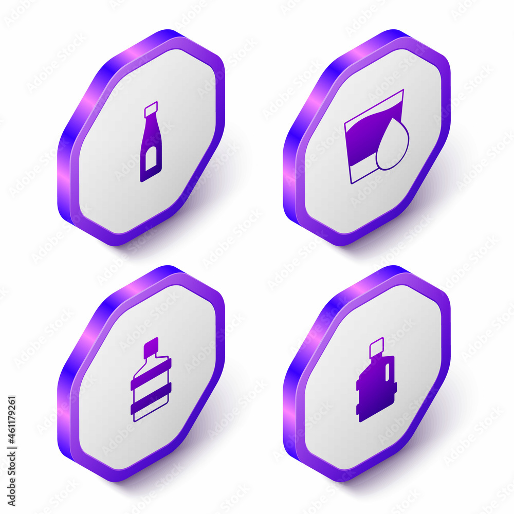Set Isometric Bottle of water, Glass with, Big bottle clean and icon. Purple hexagon button. Vector Set Isometric Bottle of water, Glass with, Big bottle clean and icon. Purple hexagon button. Vector