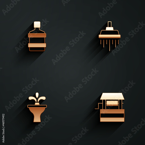 Set Big bottle with clean water, Shower, Fountain and Well icon with long shadow. Vector