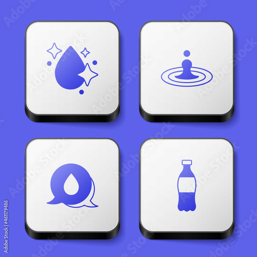 Set Water drop, with speech bubbles and Bottle of water icon. White square button. Vector