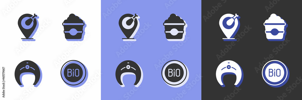 Set Banner for bio, Chicken leg, Fish steak and Popcorn in cardboard box icon. Vector Set Banner for bio, Chicken leg, Fish steak and Popcorn in cardboard box icon. Vector