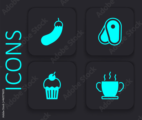 Set Bowl of hot soup, Eggplant, Steak meat and Muffin icon. Black square button. Vector