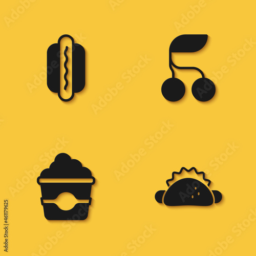 Set Hotdog, Taco with tortilla, Popcorn in cardboard box and Fresh berries icon with long shadow. Vector