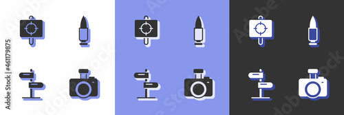 Set Photo camera, Target sport, Road traffic sign and Bullet icon. Vector