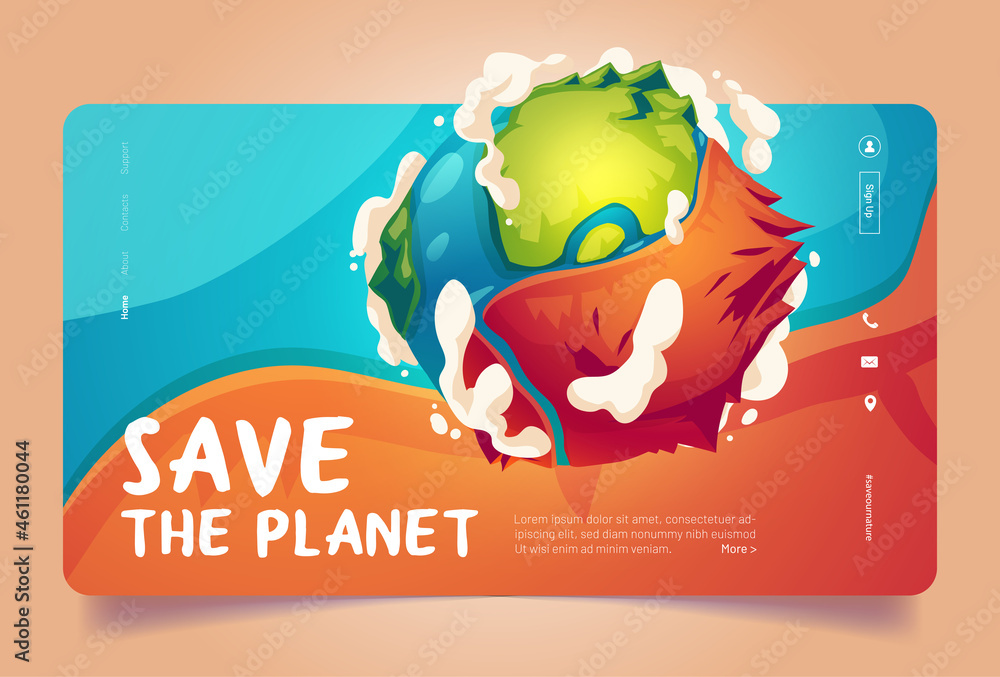 Save the planet cartoon landing page, earth globe surface with mountains, oceans and clouds. Environment protection, renewable energy and sustainable development eco conservation vector web banner - obrazy, fototapety, plakaty 