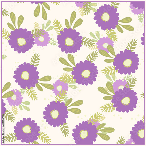 Print for kerchief, bandana, scarf, handkerchief, shawl, neck scarf. Squared pattern with ornament for fabric, textile, silk products. Paisley vector with flowers in nordic style.Floral folk tracery