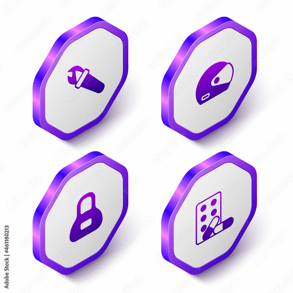 Set Isometric Torch flame, Racing helmet, Weight and Sports doping with dumbbell icon. Purple hexagon button. Vector Set Isometric Torch flame, Racing helmet, Weight and Sports doping with dumbbell icon. Purple hexagon button. Vector