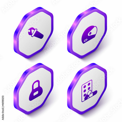Set Isometric Torch flame, Racing helmet, Weight and Sports doping with dumbbell icon. Purple hexagon button. Vector
