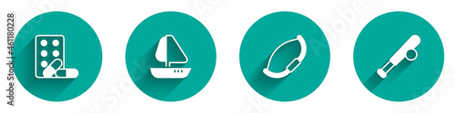 Set Sports doping with dumbbell, Yacht sailboat, Medieval bow and Baseball bat ball icon with long shadow. Vector