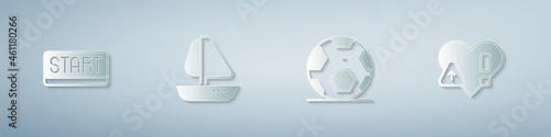 Set Ribbon in finishing line, Yacht sailboat, Soccer football ball and Heart rate. Paper art style. Vector