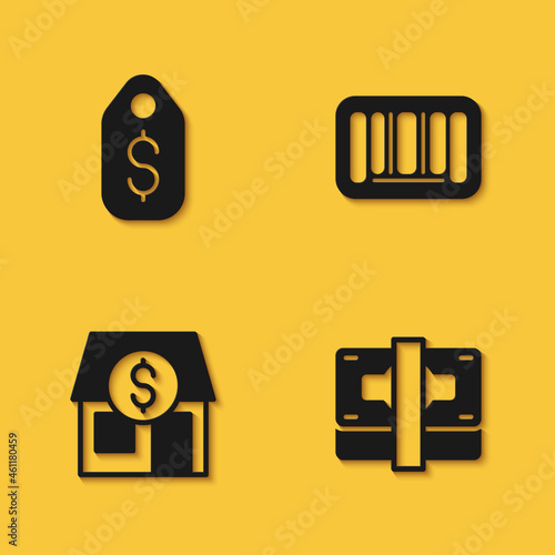 Set Price tag with dollar, Stacks paper money cash, Market store and Barcode icon with long shadow. Vector