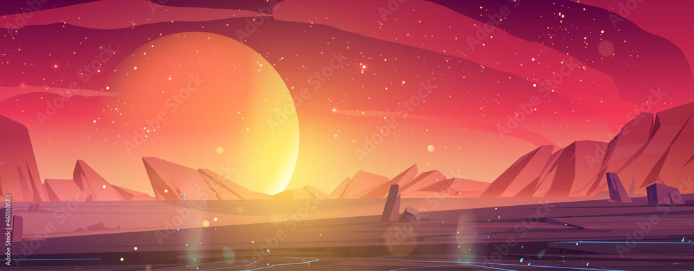 Alien planet landscape, dusk or dawn desert surface with mountains, rocks and sun shining on red and orange starry sky. Space extraterrestrial computer game background, cartoon vector illustration - obrazy, fototapety, plakaty 