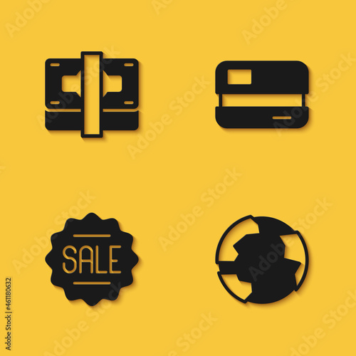 Set Stacks paper money cash, Worldwide, Price tag with Sale and Credit card icon with long shadow. Vector