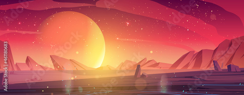 Alien planet landscape, dusk or dawn desert surface with mountains, rocks and sun shining on red and orange starry sky. Space extraterrestrial computer game background, cartoon vector illustration