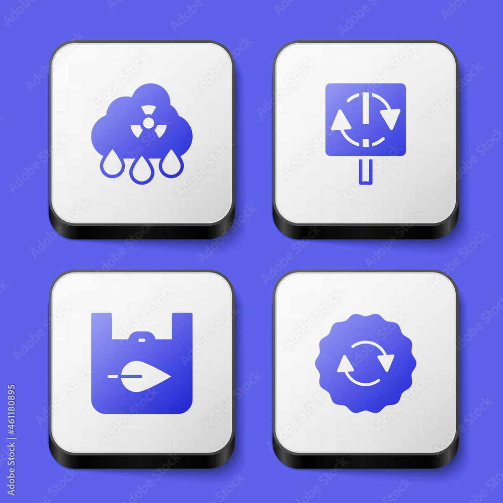 Set Acid rain radioactive cloud, Recycle symbol, Shopping bag with recycle and icon. White square button. Vector