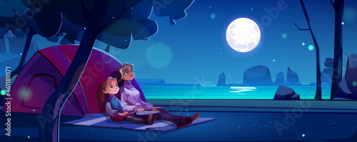 Summer camp with woman and girl sitting on blanket at night. Vector cartoon landscape with river, trees, rocks and campsite with tent and mother with child watching on sky with moon and stars © klyaksun
