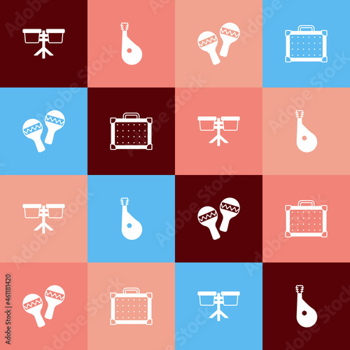 Set pop art Bongo drum, Bandura, Maracas and Guitar amplifier icon. Vector