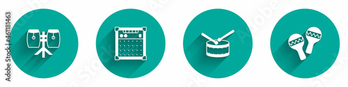 Set Conga drums, Guitar amplifier, Drum with sticks and Maracas icon with long shadow. Vector