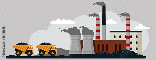 Dump trucks transporting coal to mining and processing plant. Mining industry, flat vector illustration.
