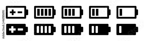 Battery capacity charge icon set in black and white design. Vector illustration