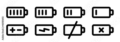 Battery icon set. Containing full battery to low battery, battery charging, no battery icon vector illustration.