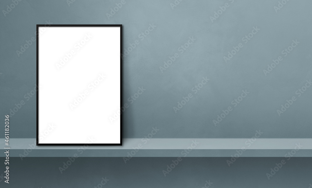 Black picture frame leaning on a grey shelf. 3d illustration. Horizontal banner Black picture frame leaning on a grey shelf. 3d illustration. Horizontal banner