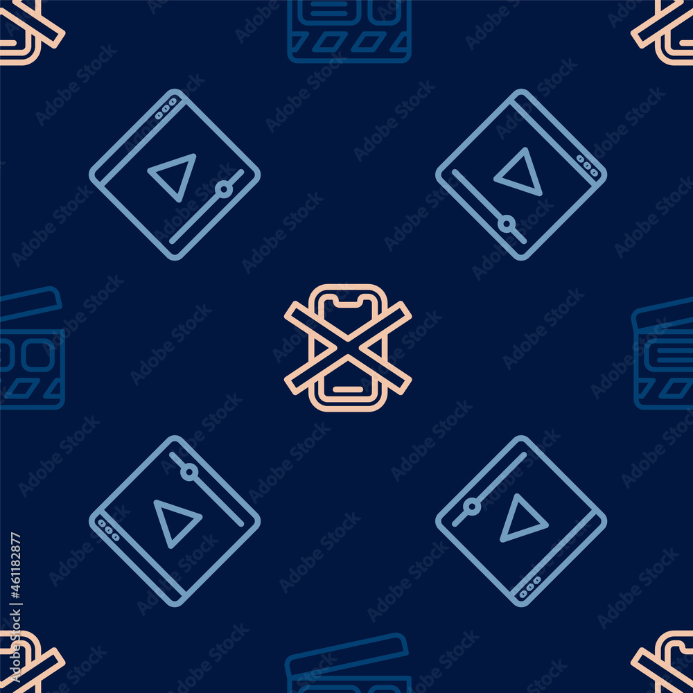 Set line Movie clapper, Online play video and No cell phone on seamless pattern. Vector Set line Movie clapper, Online play video and No cell phone on seamless pattern. Vector