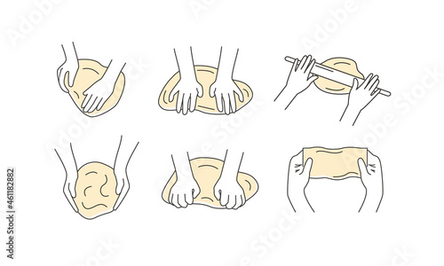 Set of kneading dough hands. Homemade bakery. Making sourdough bread. Instruction for baking recipe. Flat vector hand drawn doodle style isolated on white illustration for cookbook or cooking blog.